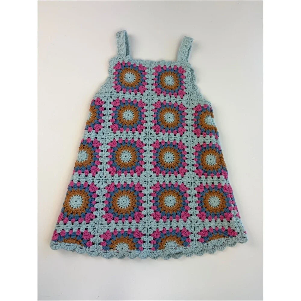 Zara Crochet Multicolor Knit Dress Size 1 1/2 Years 18M Granny Squares Hippie